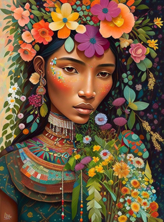 Colorful portrait of woman with floral headdress and jewelry in lush garden.