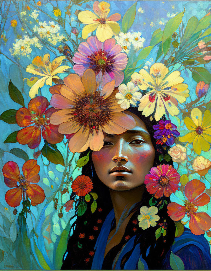 Vibrant flower-themed painting with serene figure and blue skin