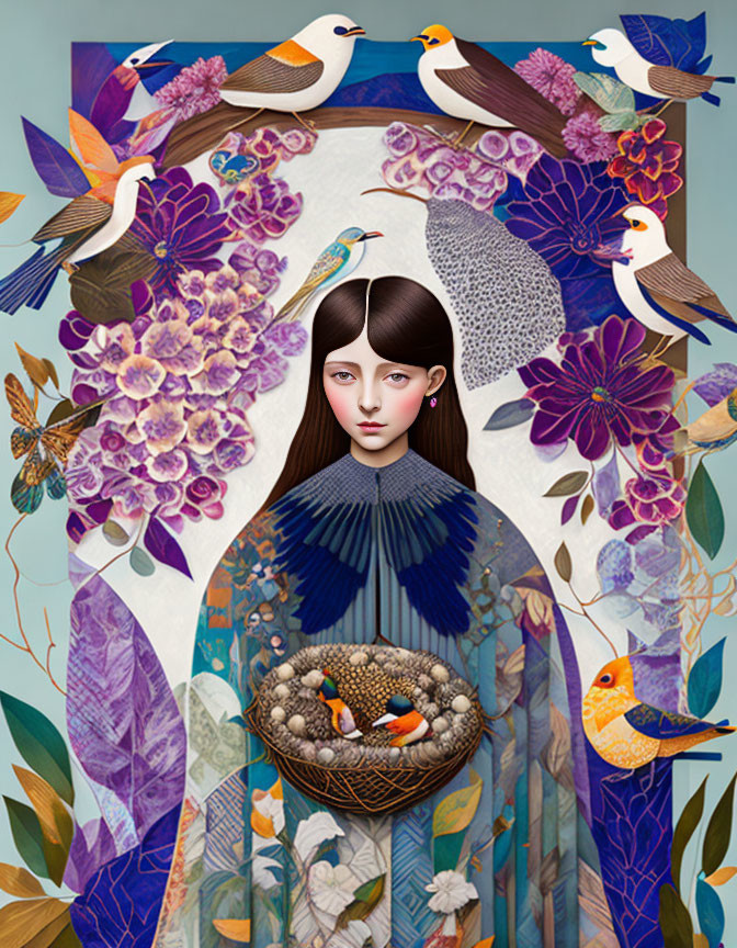 Whimsical illustration of woman with bird's nest and colorful birds, flowers, botanical motifs