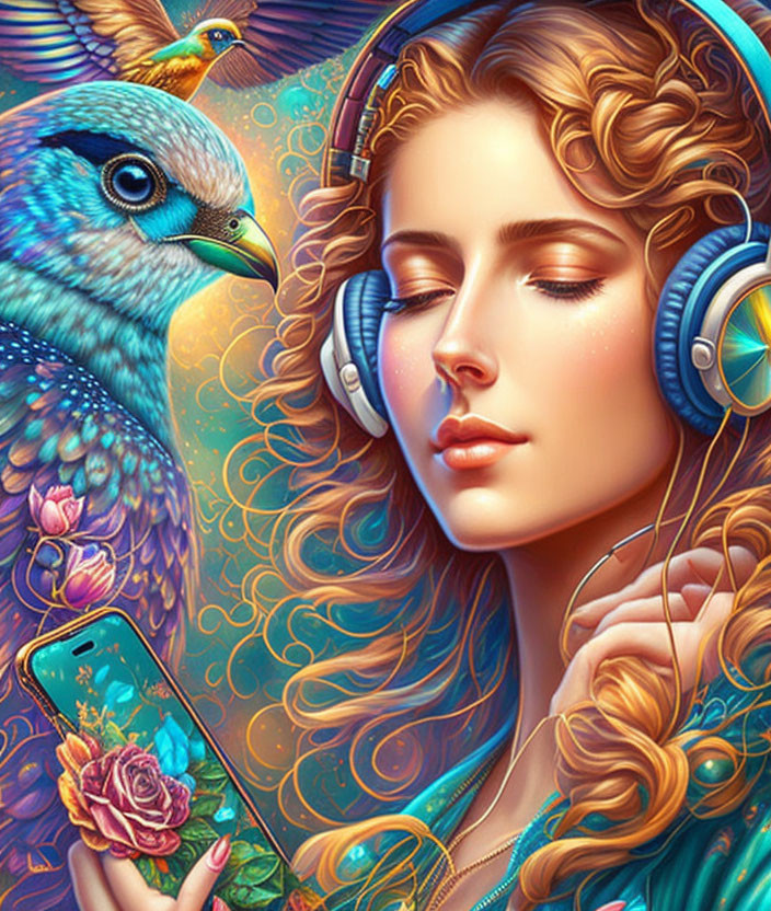 Woman with headphones and wavy hair enjoys music next to a vibrant peacock and floral phone display