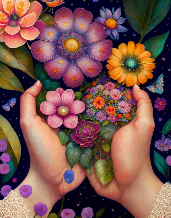 Vibrant colorful flowers and lush greenery held by two hands on a dark background