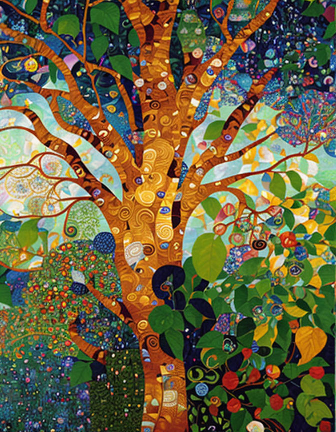 Colorful tree painting with mosaic leaves on starry night background