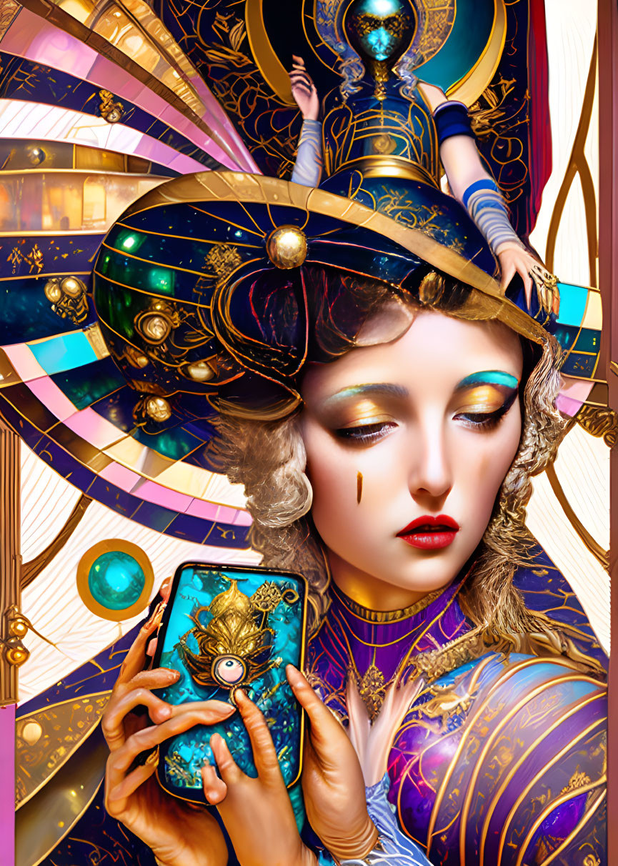 Detailed illustration of woman in avant-garde attire with turban and tarot card in surreal cosmic setting