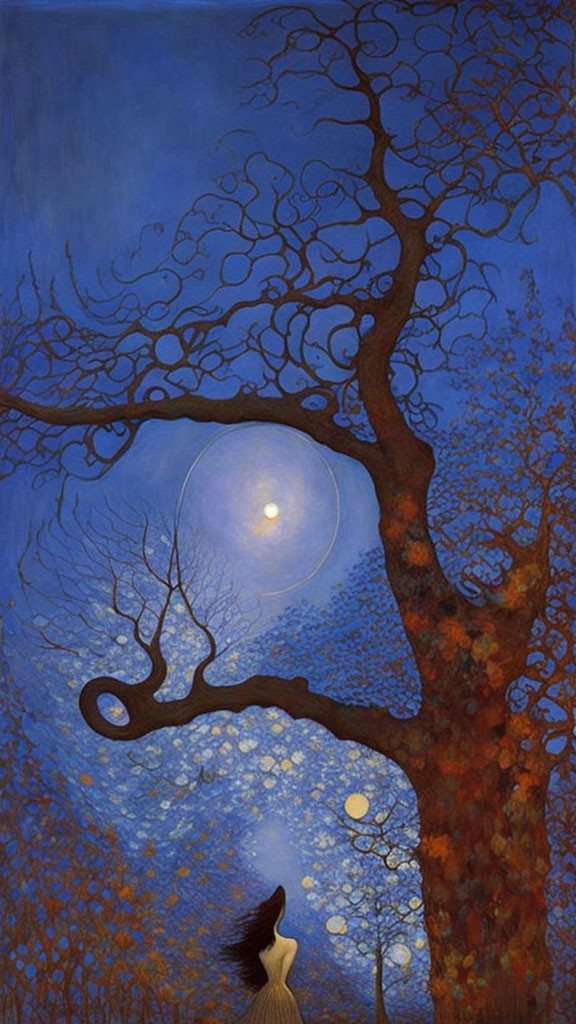 Woman gazes at full moon through tree branches on starry night.