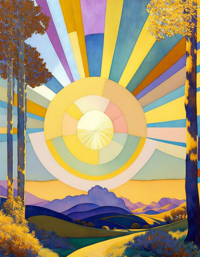 Colorful Stylized Landscape with Sun, Mountains, and Trees