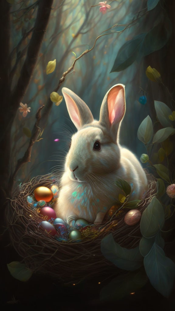 Serene rabbit with Easter eggs in lush foliage