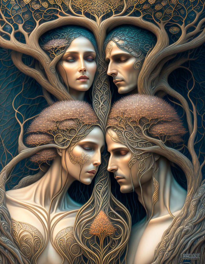 Illustrative art of four ethereal humanoid figures with golden crown-like headdresses intertwined with a tree motif