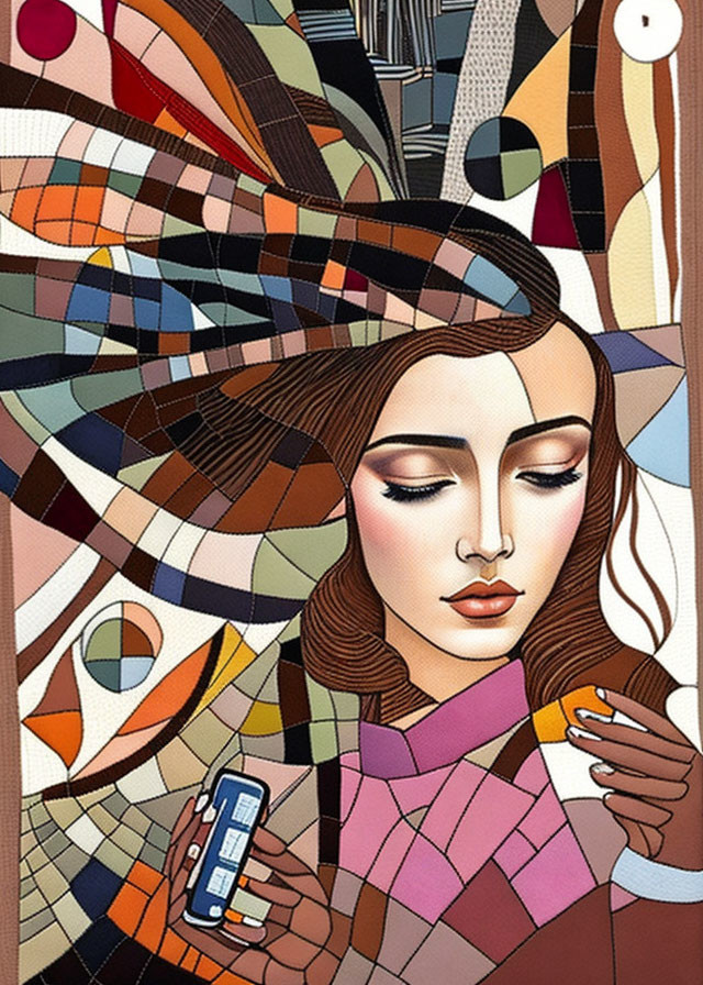 Stylized portrait of woman with closed eyes holding phone on colorful geometric background