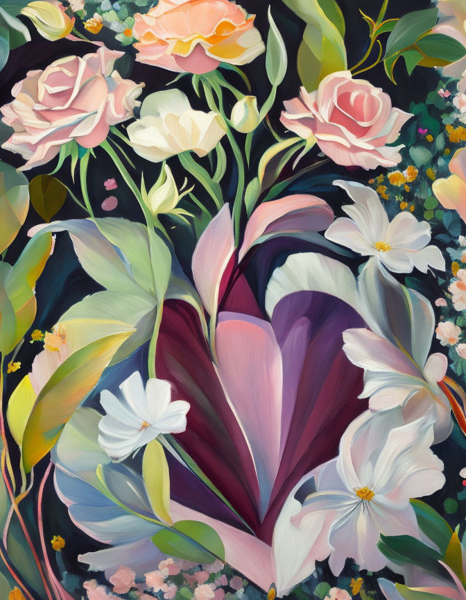 Colorful floral painting with heart-shaped leaf arrangement on dark background