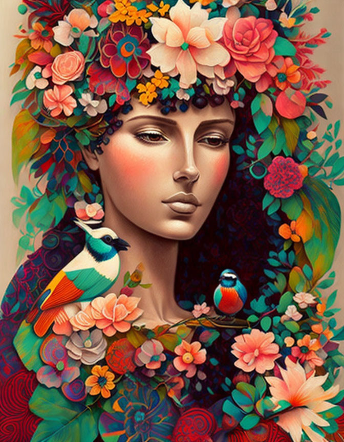 Colorful illustration of woman with floral hair and birds in intricate botanical design