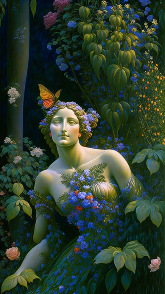 Serene woman with flowers and butterflies in lush greenery