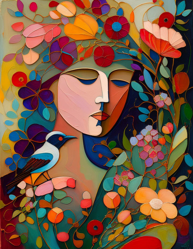 Vibrant painting of serene face with floral patterns and bird.