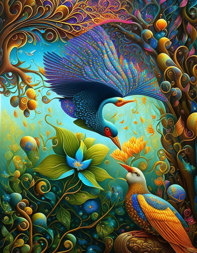 Colorful surrealistic painting: Two peacocks in lush forest