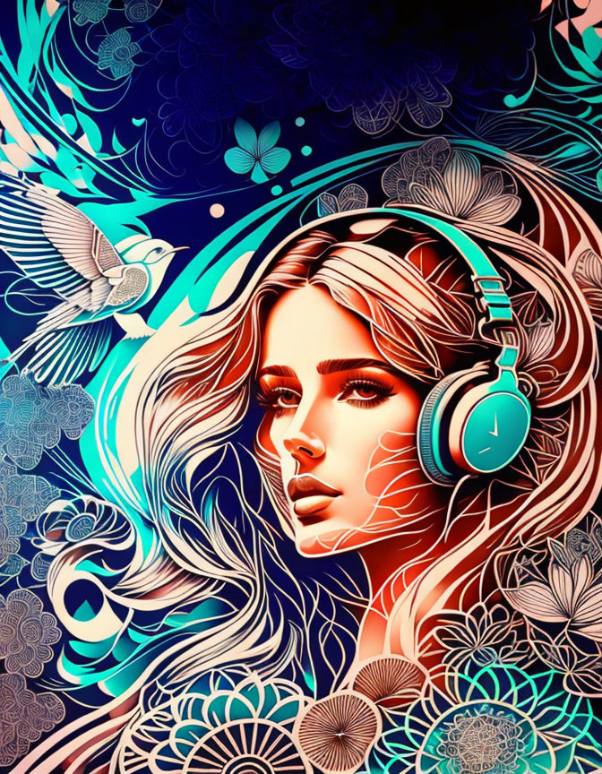 Colorful Psychedelic Woman with Headphones Surrounded by Flowers and Birds