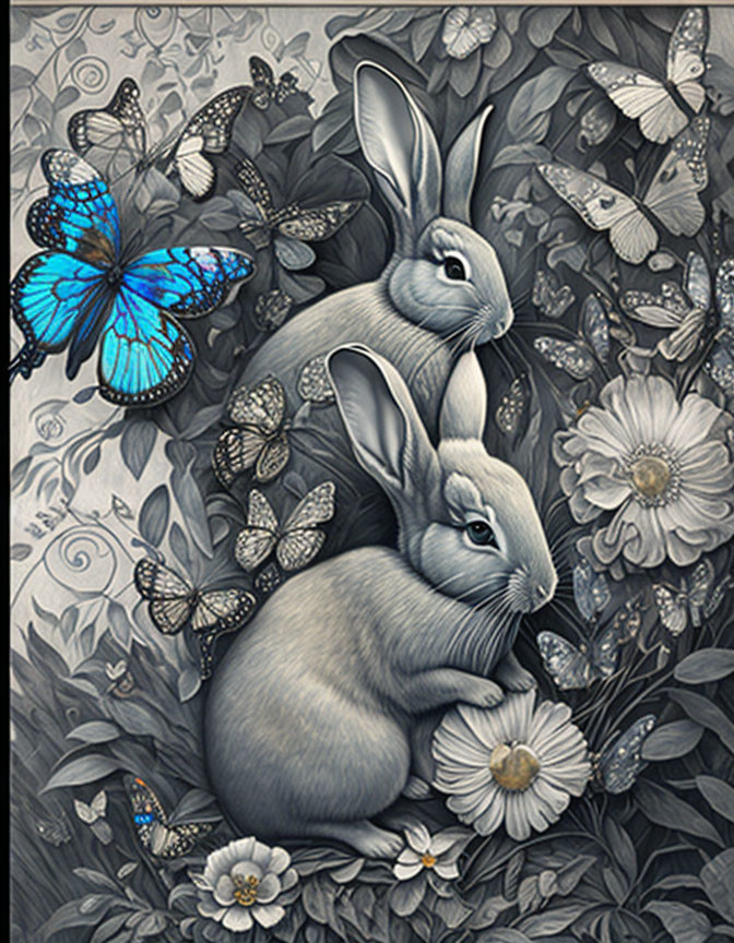 Grayscale illustrated image of two rabbits with blue accents, surrounded by butterflies and floral patterns