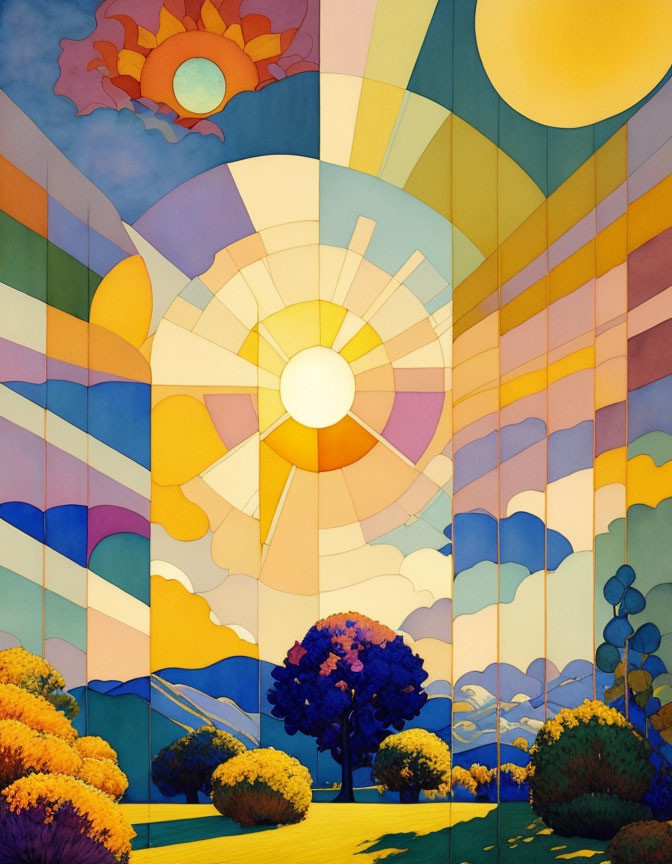 Colorful Landscape Painting with Sun and Swirling Sky Patterns