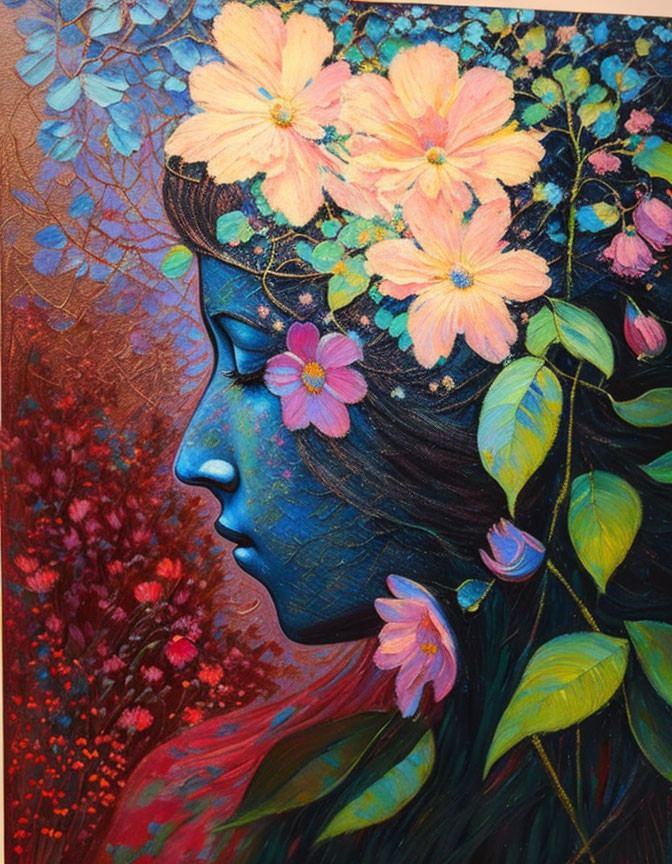 Colorful painting of woman with floral hair and crown on vibrant background