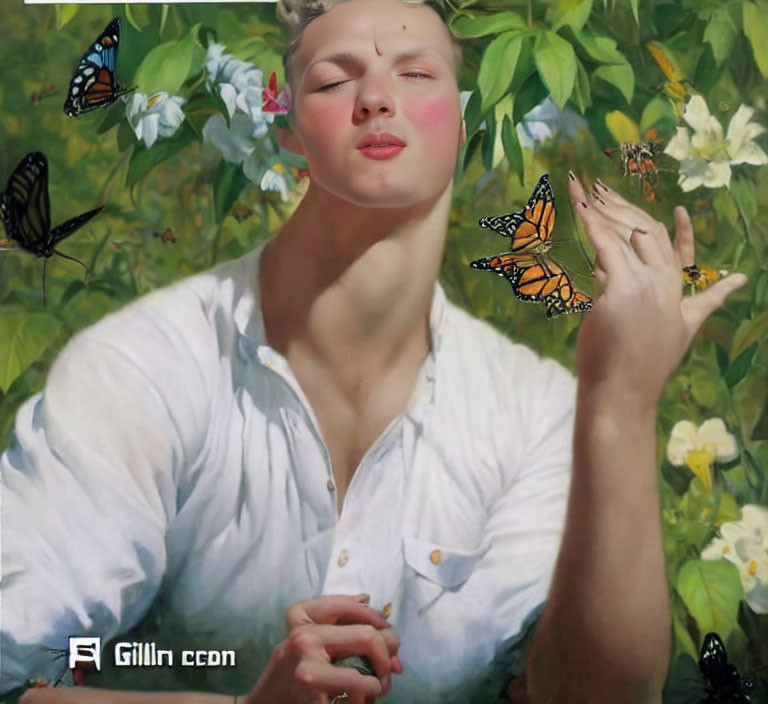 Person in White Shirt Surrounded by Butterflies in Garden Setting