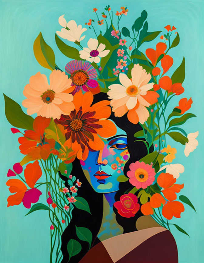 Colorful Flower Woman Illustration on Teal Background