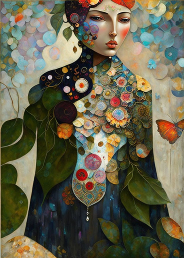 Whimsical painting of woman with floral and butterfly motifs amid vibrant leaves