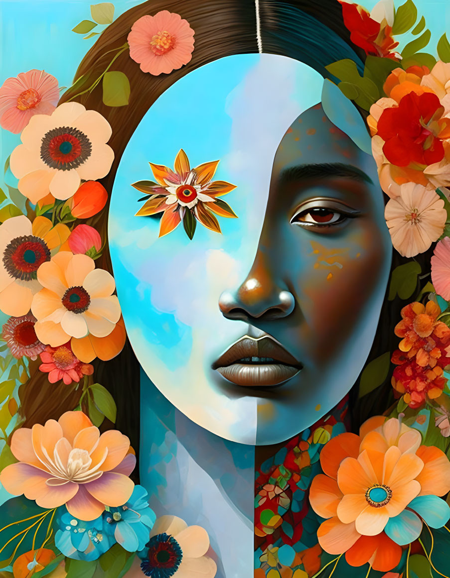 Vibrant floral-themed stylized portrait of a woman