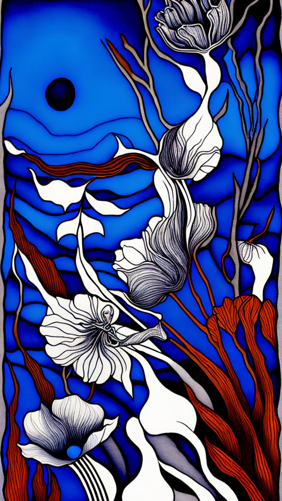 White Flowers and Dark Branches on Blue Gradient Background: Stylized Image with Stained Glass Effect