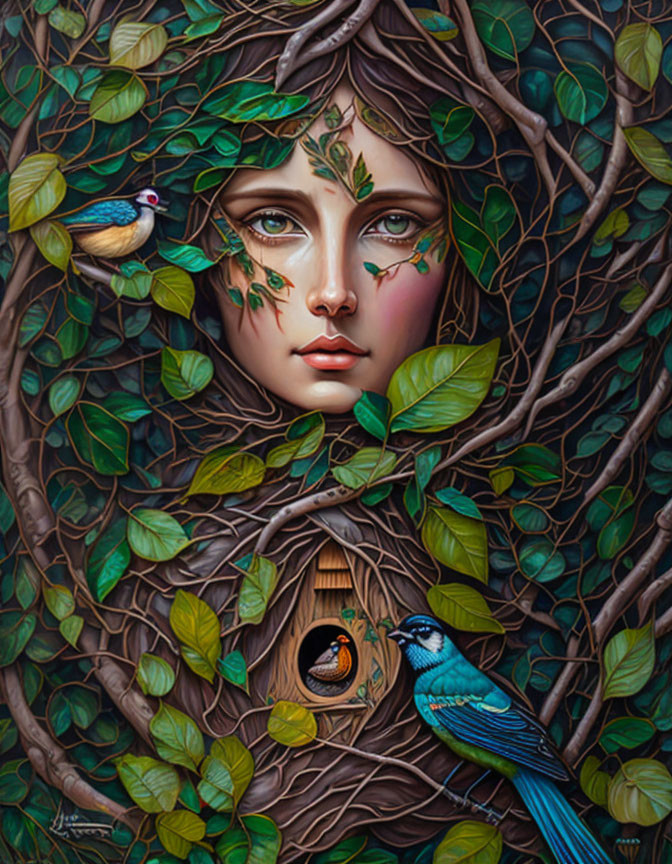 Surreal portrait of woman's face merging with tree, adorned with leaves, branches, and vivid