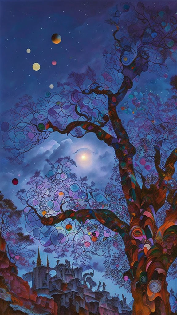 Colorful painting of whimsical tree, starlit sky, and castle silhouette