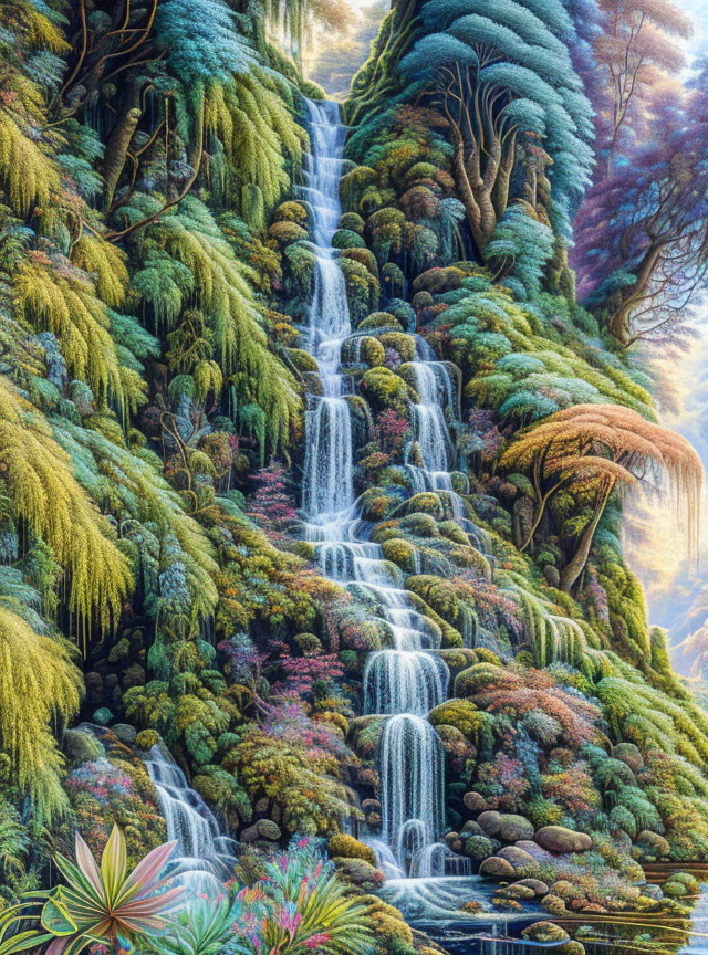 Detailed painting: Cascading waterfall with lush foliage & moss-covered rocks