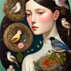 Illustration of woman with brown hair among birds and nests on green background