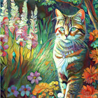 Colorful Cat Painting in Vibrant Garden Setting