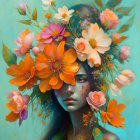 Vibrant orange and pink flowers in woman's surreal portrait