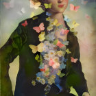 Whimsical painting of woman with floral and butterfly motifs amid vibrant leaves