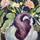 Colorful floral painting with heart-shaped leaf arrangement on dark background