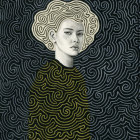 Stylized portrait with blue eyes and gold patterns on dark background