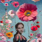 Woman surrounded by oversized poppies on blue background with surreal composition.