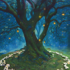 Mystical painting of grand tree with blue leaves and human silhouette trunk in white flower field