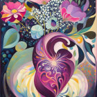 Colorful Heart Painting Surrounded by Flowers and Foliage