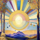 Colorful landscape painting with large sun, trees, hills, and mountains under pastel sky