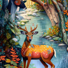 Detailed Illustration of Mystical Forest Scene with Stylized Deer and Butterflies