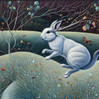 Whimsical white rabbit leaping over green hills with smaller rabbits