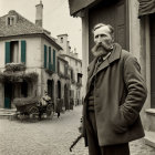 Distinguished mustached man in period clothing on cobblestone street