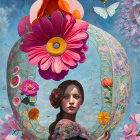 Vibrant surreal portrait of woman with flowers and balloons against blue sky