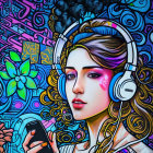 Colorful digital artwork: Woman with wavy hair and headphones in vibrant, psychedelic setting