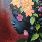 Colorful painting of woman with floral hair and crown on vibrant background