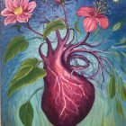 Surreal painting: Human heart tree with flowers and butterflies on blue.