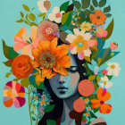 Colorful Flower Woman Illustration on Teal Background