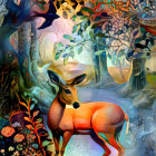 Vibrant forest illustration with deer, birds, and colorful flora