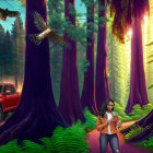 Woman in mystical forest with purple trees, birds, and red pickup truck