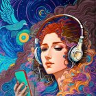 Colorful illustration: Woman with red curly hair, headphones, cityscapes, bird, and celestial